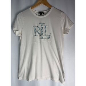 Ralph Lauren T-Shirt Women's Medium Cream Floral Logo Short Sleeve Top‎